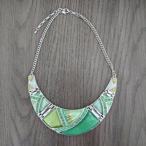 Olive, Jade, and Lime Green Geometric Necklace with Silver Tone and Rhinestones
